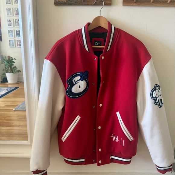 Zara Men’sRed and White Varsity Bomber Jacket size M